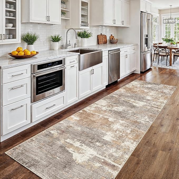 2x8 Washable Kitchen Runner Rug: Modern Abstract Runners for Hallway Soft Non Slip Rugs with Rubber Backing Low Pile Thin Waterproof Floor Carpet for Entryway Bedroom Bathroom Indoor 2x8 Brown/Brick