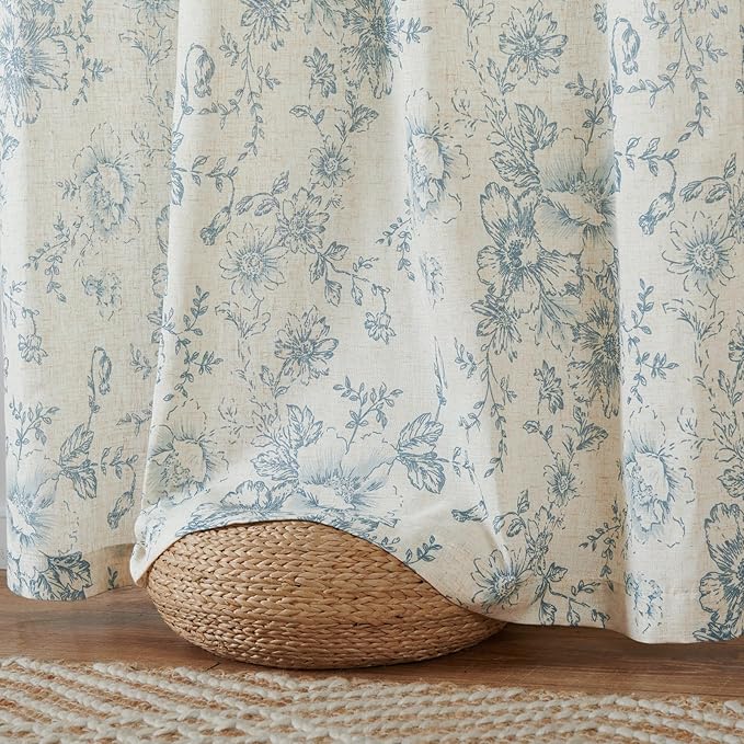 jinchan Linen Floral Curtains 100 Inch Extra Wide for Patio Sliding Glass Door Room Divider Curtain for Living Room 108 Inch Length Farmhouse Peony Blue Printed Curtain Set 1 Panel