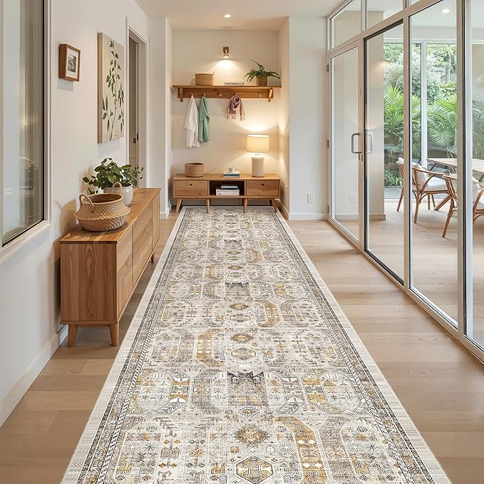 Madane Hallway Runner 3x14 - Runner Rugs 14ft Washable Entryway 14ft Rug Ruuner Vintage Kitchen Runners Non Slip Indoor Area Rug Farmhouse Carpet Runner for Bathroom Living Room Bedroom, Brown/Gold