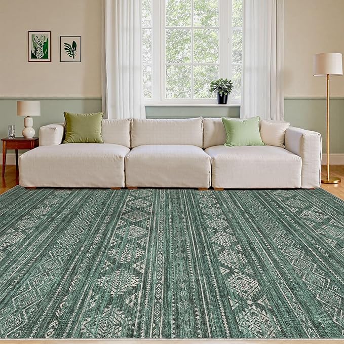 Nakagishi Area Rugs 9x12 Living Room: Washable Boho Large Neutral Modern Soft Farmhouse Green Rug Stain Resistant Indoor Floor Non-Slip Carpet for Women Home Enthusiasts Aged 25-45 - Bedroom Room