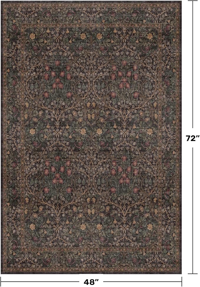 Washable Dark Brown 4x6 Area Rugs for Living Room, Bedroom Bedside Rug, Kitchen, Mudroom, Home Office, Non-Slip Low Pile Ultra Soft Stain Resistant, Small Vintage Taupe Accent Botanical Floral Carpet