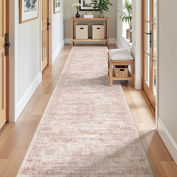 Long Bathroom Rugs Runner - Washable Runner Rugs for Hallway 2x10, Ultra-Thin Soft Kitchen Carpet Runner, Anti Slip Backing Runner Rugs for Entrance, Bedroom, Living Room(2'x10', Pink/Ivory)