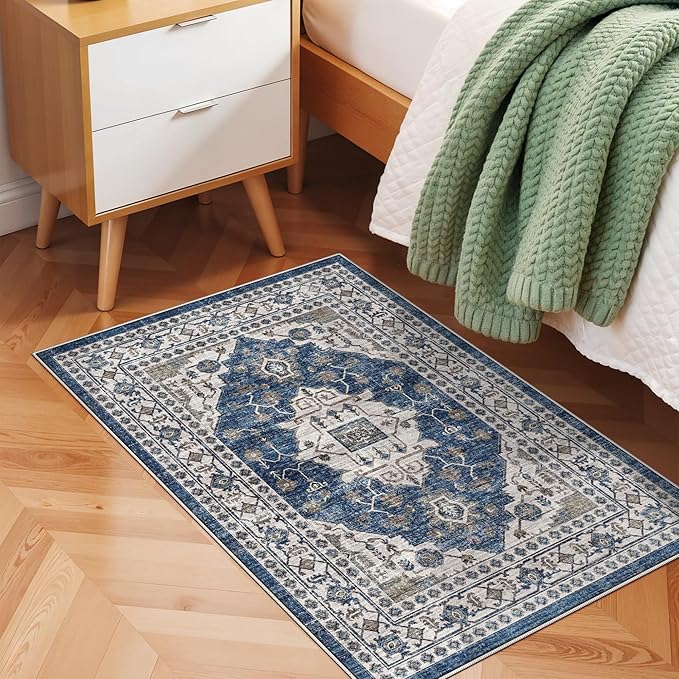 2x3 Washable Vintage Area Rug: Indoor Soft Entryway Rug with Non Slip Backing Water Resistant Carpet for Kitchen Bathroom Laundry Low Pile Door Mat Perfect for Homes with Cats & Dogs(2x3,Blue)