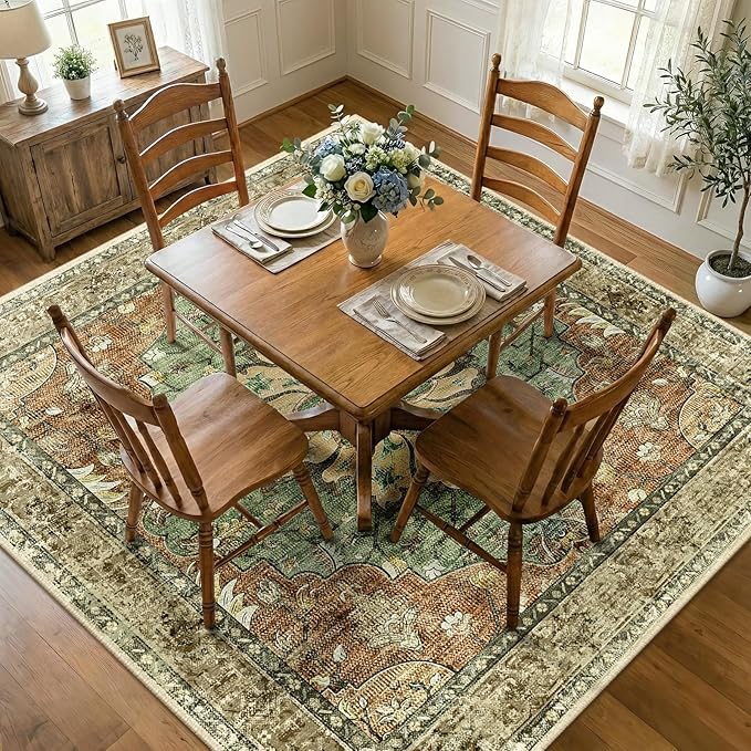Area Rugs Square 8ft Washable Non-Slip, Floral Vintage Distress Print Pattern Medallion Carpet for Living Room Bedroom Dining Room, Brick Red Rust Neutral Brown Burnt Orange Green