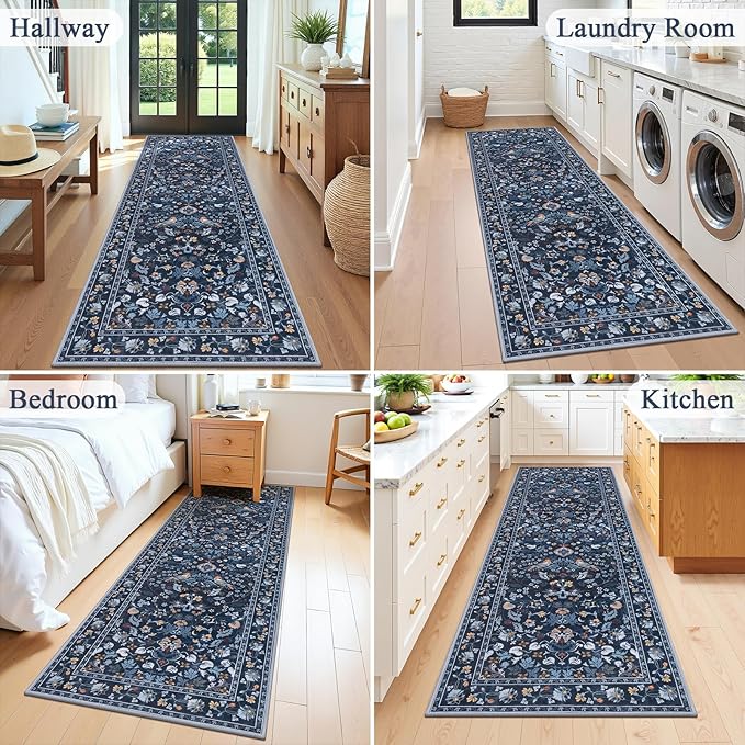 HEBE Washable Hallway Runner Rug 2'x 6' Non Slip Kitchen Rugs Runner,Low Pile Entryway Rug Laundry Room Mat Floral Carpet Runners for Hallways, Kitchen,Bathroom,Laundry,Bedside Rug