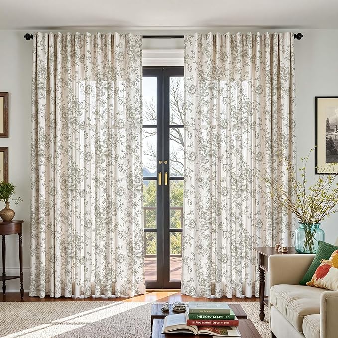 jinchan Linen Floral Curtains 100 Inch Extra Wide for Patio Sliding Glass Door Room Divider Curtain for Living Room 84 Inch Length Farmhouse Peony Green Printed Curtain Set 1 Panel