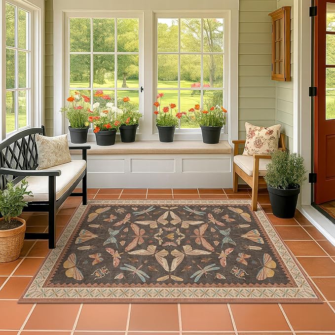 Brown Washable Area Rug for Living Room - 4x6 Large Entryway Rugs, Vintage Insect Soft Stain Resistant Carpet for Bedroom, Kitchen, Non Slip with Rubber Backing, Aesthetic Décor Indoor
