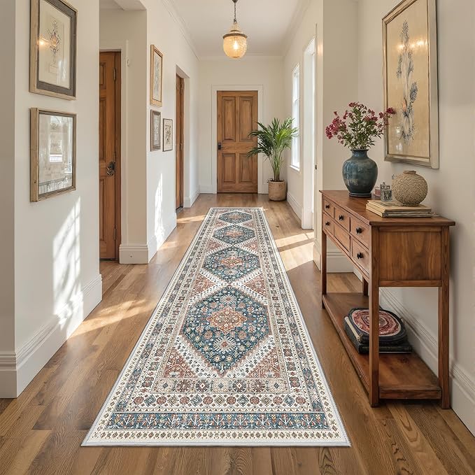Kitchen Runner Rug Non Slip Washable 2.5x10, Soft Ultra-Thin Entryway Rug Runners for Hallways, Carpet Runner for Living Room,Kitchen, Laundry, Bathroom(Blue/Red,2.5'x10')