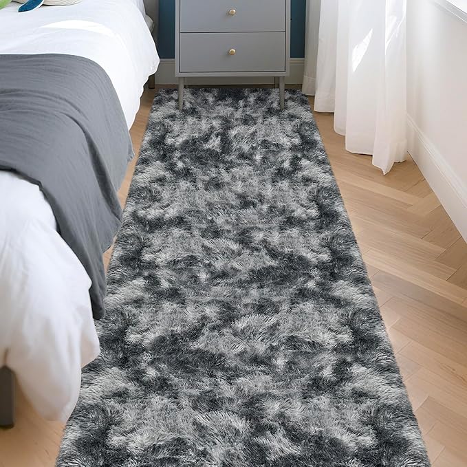Tie-Dyed Dark Grey 2x8 Machine Washable Runner Rugs for Hallway Soft Fluffy Shaggy Bedside Rugs for Bedroom Living Room Indoor Floor Carpet for Kids Girls and Boys Nursery Rooms Home Decor Aesthetic