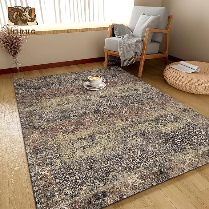 Washable Area Rug 9' x 12' Vintage Traditional Persian Mat - Foldable Distressed Non-Slip Machine Washable Carpet for Living Room Bedroom Kitchen Home Decor - Umber and Slate