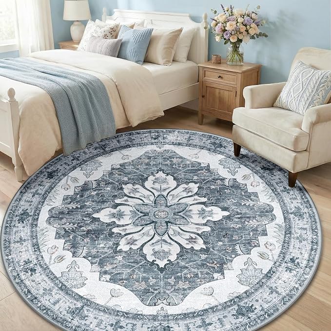 Area Rugs 6ft Washable Non-Slip, Floral Vintage Distress Print Pattern Medallion Carpet for Living Room Bedroom Dining Room, Light Gray Grey White