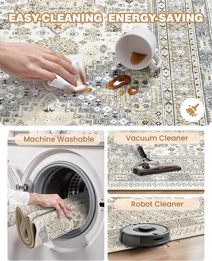 Runner Rug 2x6, Ultra-Thin Entryway Rug Non Slip Washable Rugs for Laundry Room, Runners for Hallways, Vintage Soft Rugs for Living Room, Kitchen, Bedroom(Beige,2'x6')