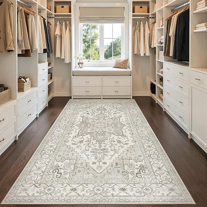 Madane Hallway Runner Rug 4x8 Wide: Washable Thin Runners for Hallways Entry, Non Slip Soft Vintage Kitchen Rugs Low Pile Carpet Runners for Living Room Bedroom Dining Room Foyer (Beige/Brown, 4x8)