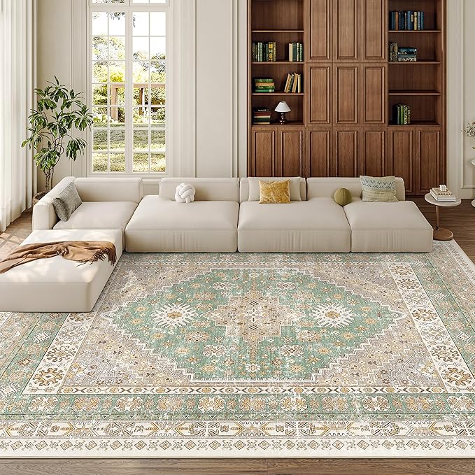 zesthome 9x12 Area Rugs,Stain Resistant Washable Rug,Ultra-Thin Rugs for Living Room,Bedroom,Non-Slip Backing Home Decor Large Area Rug (Green,9'x12')