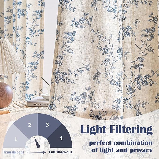 Lazzzy Blue Floral Linen Curtains 84 Inch Length Farmhouse Curtain Back Tab Drapes for Living Room Bedroom Light Filtering Vintage Rod Pocket Curtains, 2 Panels, Blue on Beige