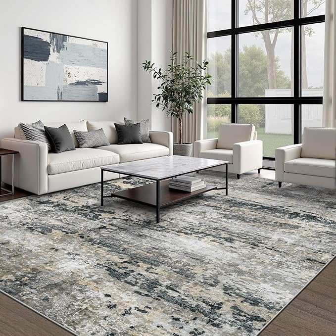 pmtsns Area Rugs 8x10 for Living Room: Washable Rug Modern Abstract Neutral Soft Non-Slip Low-Pile Indoor Large Carpet for Bedroom Dining Room Playroom Home Office (Black Grey Brown, 8'x10')