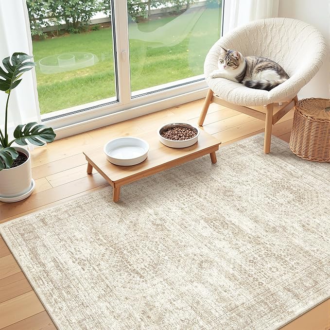 3x4 Washable Area Rug for Entryway, Soft Kitchen Rugs Non Slip for Dining Room, Vintage Abstract Living Room Rug, Thin Area Rugs Indoor for Bedroom, Kids Room Decor(3'x4', Beige/Ivory)