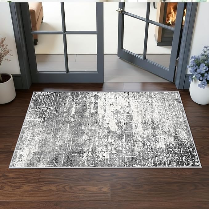 Abstract 2x4 Entryway Area Rugs: Washable Water Resistant Kitchen Rug Non-Slip Durable Doormat Ultra Soft Bedroom Beside Carpet Indoor Low Pile Floor Mat for Bathroom Stove Sink Area(2x4,Black/Grey)