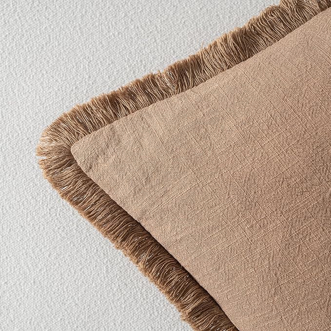 MIULEE Decorative Lumbar Throw Pillow Covers Neutral Linen Fringe Throw Pillows Set of 2 Brown Boho Farmhouse Cushion Covers with Tassels for Couch Sofa Bed Living Room Spring Home Decor 12x20 Inch