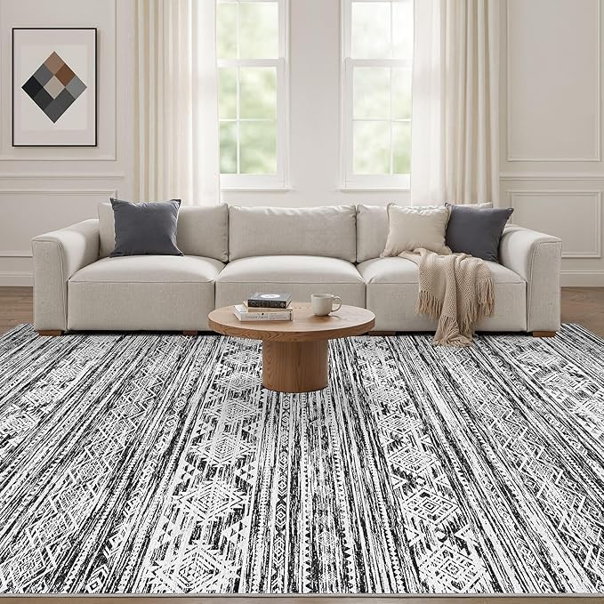 Nakagishi 8x10 Area Rugs Living Room: Washable Large Neutral Soft Rug Stain Resistant Non-Slip Carpet for Men Modern Home Enthusiasts Aged 25-45 - High Traffic Areas - Bedroom Office - Black White