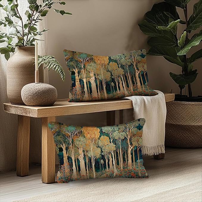 Rustic William Morris Inspired Forest Green Pillow Covers 12x20 Set of 2,Vintage Botanical Nature Landscape Decorative Throw Pillow Covers for Home Bedroom Living Room