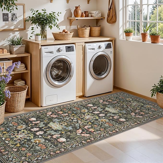 Washable 2x8 Hallway Runner Rug: Vintage Water-Resistant Kitchen Entryway Rug Ultra Soft Living Room Bedroom Carpet with Non Slip Backing Indoor Low Pile Floor Mat for Bathroom Dining Room(2x8,Green)