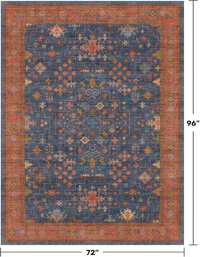 Hazo Haus Dining Room Rugs for Under Table - 6x8 Washable Area Rug for Living Room, Low Pile Non-Slip Rugs for Bedroom - Navy Blue & Terracotta Vintage Boho Eclectic Home Decor