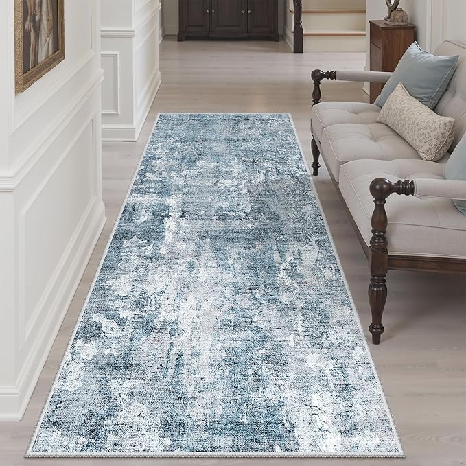 Runner Rug 3x6 Washable Non-Slip Kitchen Runner Rugs for Bathroom Laundry Room Blue/Grey Vintage Floor Carpet Runners for Hallway Entryway