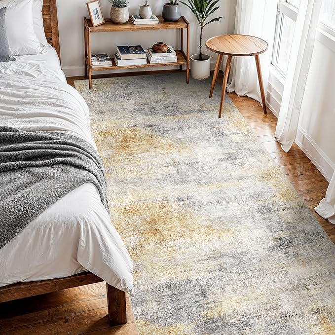 4x10 Washable Kitchen Runner Rug: Modern Abstract Wide Runners for Hallway Soft Non Slip Rugs with Rubber Backing Low Pile Thin Carpet for Entryway Bedroom Bathroom Laundry Indoor(Grey/Yellow,4x10)