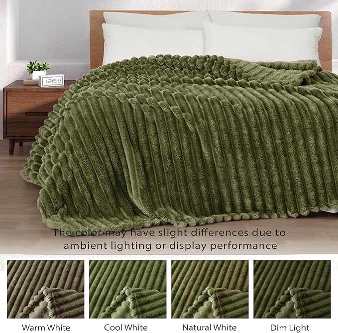 Exclusivo Mezcla Twin Size Flannel Fleece Blanket, Super Soft Striped Jacquard Bed Blanket, Lightweight Fuzzy Cozy for All Seasons, 60x80 Inches, Olive Green