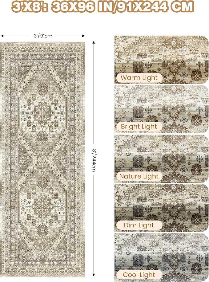 3x8 Runner Rug Non Slip Washable for Entryway, Front Porch, Vintage Hallway Runner for Laundry Room, Bedroom, Stain Resistant Thin Indoor Kitchen Mats for Floor(Brown,3'x8')
