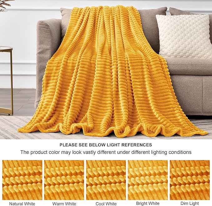 BEDELITE Fleece Throw Blanket for Couch – 3D Ribbed Jacquard Soft and Warm Decorative Fuzzy Blanket – Cozy, Fluffy, Plush Lightweight Mustard Yellow Throw Blankets for Bed, Sofa, 50x70 inches