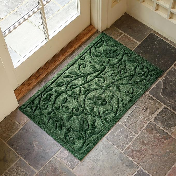 Boho Green Floral Leaves Outdoor Indoor Entrance Doormats, Absorbent Durable Heavy Duty Welcome Front Door Mat,Thick Natural Rubber Back,Easy Clean Entryway Mat 23x35 Inch, Low Profile