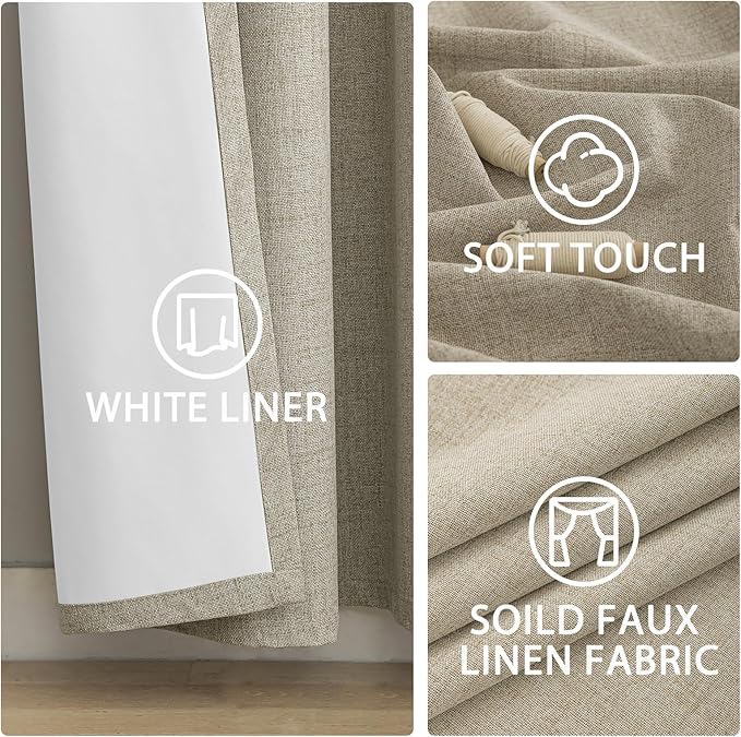 Yakamok Natural Linen Curtains 100% Blackout 63 Inches Long,Room Darkening Textured Curtains for Living Room Thermal Grommet Bedroom Curtains 2 Panels with Greyish White Liner