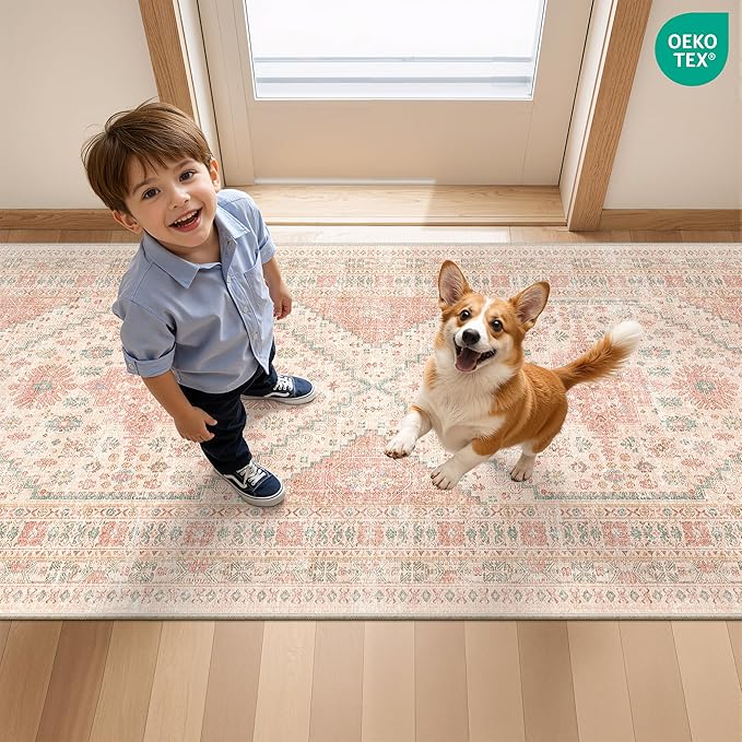 Runner Rug 2x6, Non Slip Washable Rugs for Laundry Room, Runners for Hallways, Low Pile Vintage Soft Rugs for Living Room, Kitchen Bathroom,Bedroom Rug(Pink,2'x6')
