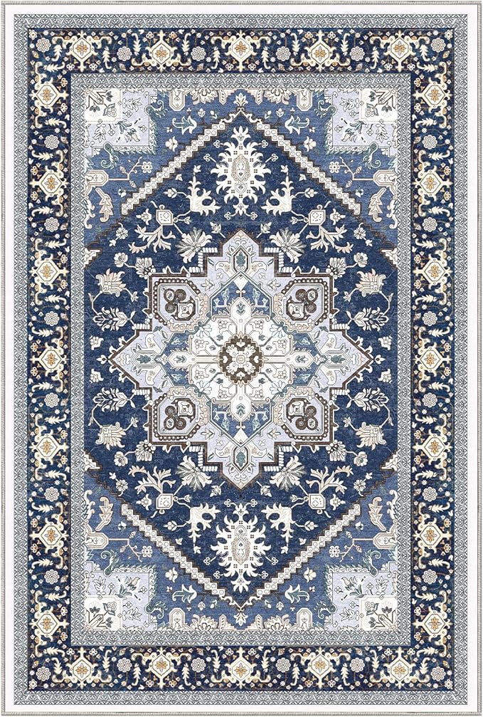 OPPODREAM Soft Area Rugs 5x7, 5x7 Washable Rug with Non Slip Backing, 5 x 7 Faux Cashmere Low-Pile Carpet, Navy Blue & Gold
