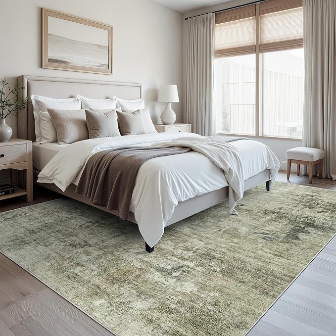 Abstract Rug 8x10 Large Living Room Neutral Modern Washable Area Rugs for Bedroom Dining Room Non-Slip Stain Resistant Foldable Thin Green Black