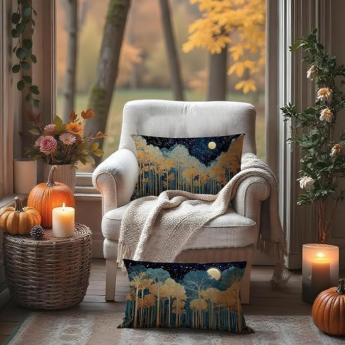 Rustic William Morris Inspired Gold Forest Moon Pillow Covers 12x20 Set of 2,Vintage Black and Gold Botanical Moon Nature Landscape Decorative Throw Pillow Covers for Home Bedroom Living Room