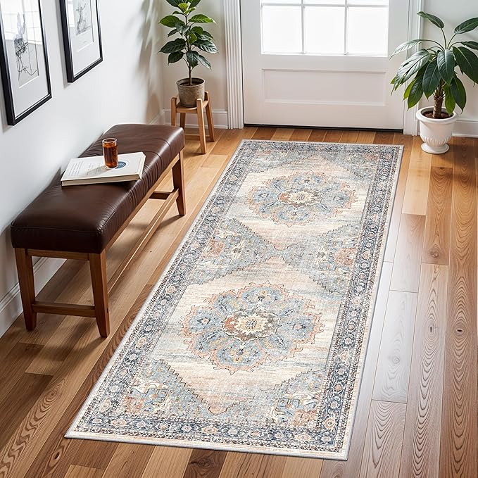 TOPRUUG 2x5 Hallway Runner Rug: Washable Non-Slip Rugs for Kitchen Vintage Water Resistant Entryway Rug Ultra-Thin Soft Living Room Bedroom Carpet Low Pile Durable Floor Mat for Bathroom (Blue, 2X5)