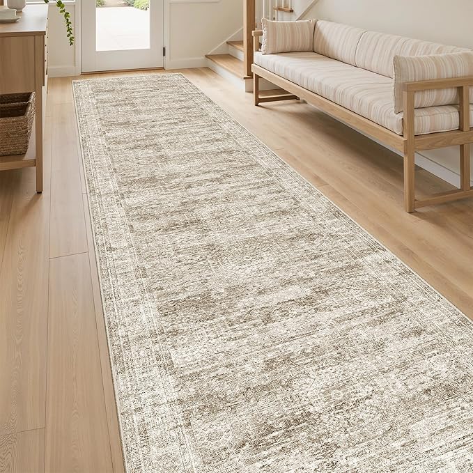 Runner Rug 2'6" x 10' Washable Non-Slip Runner Rugs for Kitchen Bathroom Laundry Room Vintage Ultra Thin Runners for Hallway Entryway Brown