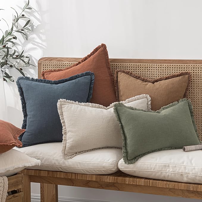 MIULEE Decorative Throw Pillow Covers Neutral Linen Fringe Throw Pillows Euro Shams Set of 2 Brown Boho Farmhouse Cushion Covers for Couch Sofa Bed Living Room Spring Home Decor 26x26 Inch