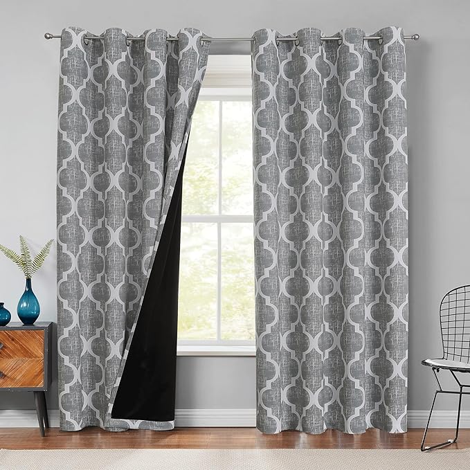 Beauoop 100% Blackout Curtains 84 Inches Long 2 Panels for Bedroom Living Room Grey Moroccan Geo Room Darkening Thermal Insulated Soundproof Grommet Top Window Treatments Drapes, 50x84 Set of 2