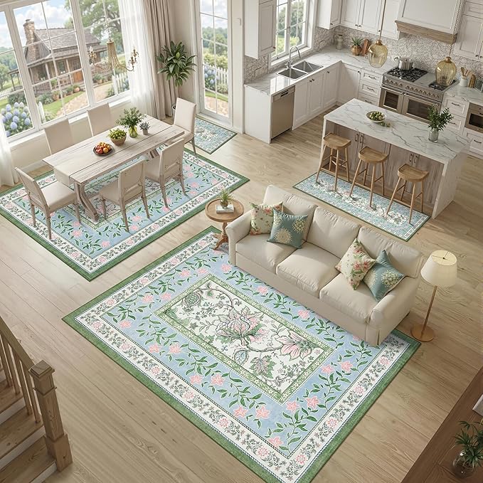 GarveeHome Blue Green Pink Washable 5x7 Area Rugs, Botanical Grove Vintage Cottage core Non-Slip Rug for Bedroom Living Room Nursery Kitchen Low-Pile Retro Carpet