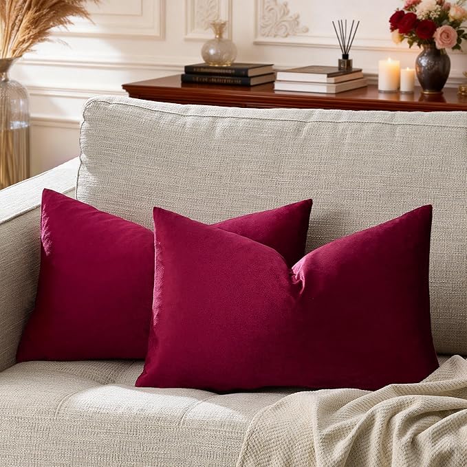GIGIZAZA Burgundy Velvet Pillow Covers: Pack of 2 Lumbar Throw Pillows Soft Solid Covers - Decorative 12x20 Couch Small Cushion Covers Used for Chrismas Room Decor,Living Room,Bedroom