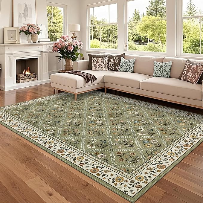 Large Entryway Rug 3x5 Floral Washable Area Rugs Vintage Soft Non-Slip Small Floor Carpet Doormat Stain Resistant Low-Pile Ultra-Thin Entry Mat for Bedside Kitchen Green
