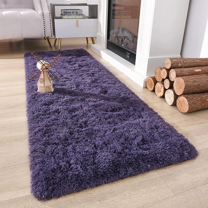Chicrug Soft Runner Rug for Bedroom Living Room Plush Fluffy Rug 2x6 Feet, Shag Furry Runner Rug Carpet Non Shedding for Nursery Children Kids Girls Room Home Decorative, Grey Purple