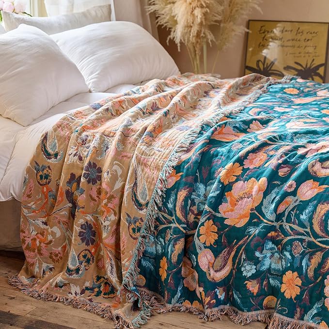 MSGKV Boho Throw Blanket for Couch 50"x60" Cotton Birds Floral Blanket Sofa Chair Blankets Muslin Spring Breathable All Seasons Lightweight Farmhouse Blankets Home Decor