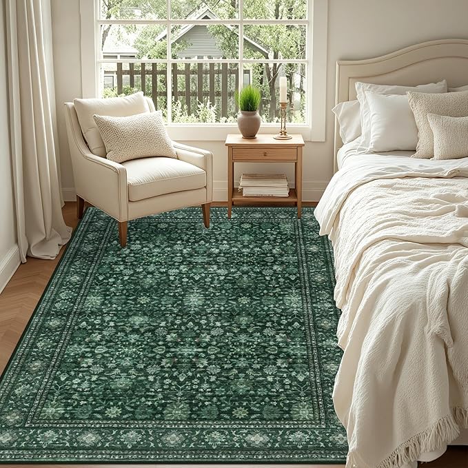 4x6 Area Rugs for Living Room: Washable Rug Soft Vintage Distressed Floral Carpet Indoor Non-Slip Stain Resistant Large Carpets for Bedroom Dining Room Farmhouse Nursery Home Office Deep Green