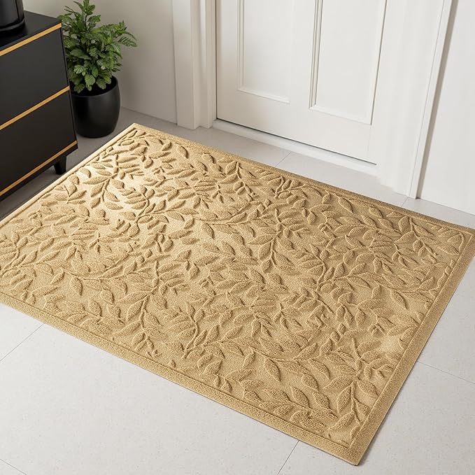 Beige Leaves Outdoor Indoor Entrance Door mat, Absorbent Durable Heavy Duty Welcome Front Door Mat,Thick Natural Rubber Back,Easy Clean Entryway Mat 47x32 Inch, Low Profile