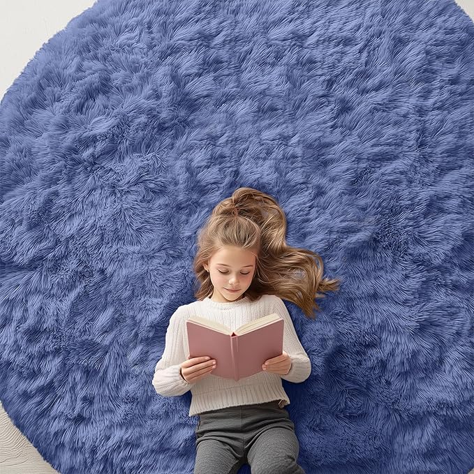OLANLY Denim Blue Round Rugs for Bedroom - Machine Washable, 7 ft Circle Area Rugs for Living Room, Soft and Fluffy Shaggy Carpet for Teen Girl and Boys, Nursery Rooms, Dorms, Home Decor Aesthetic